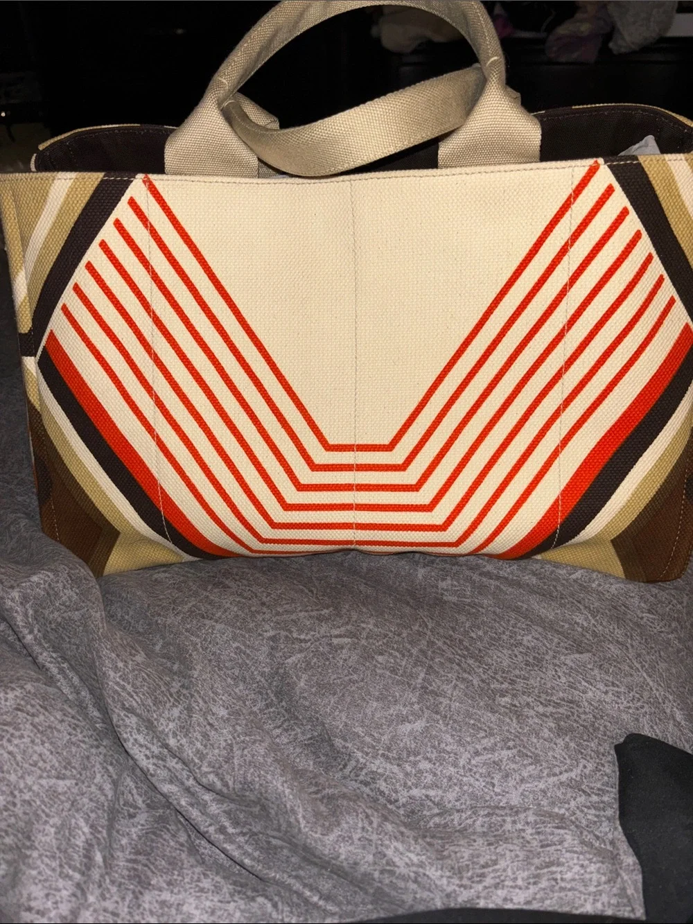 Prada Canvas Tote Bag with Orange Stripe Accent